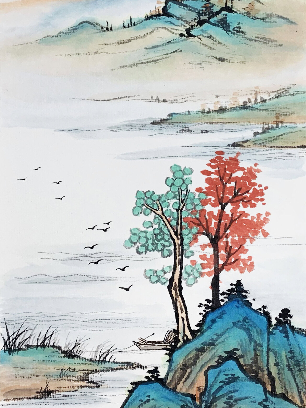 画山石构造之前,首先要调和墨色 中锋起笔线条需起实收 外柔内刚行笔