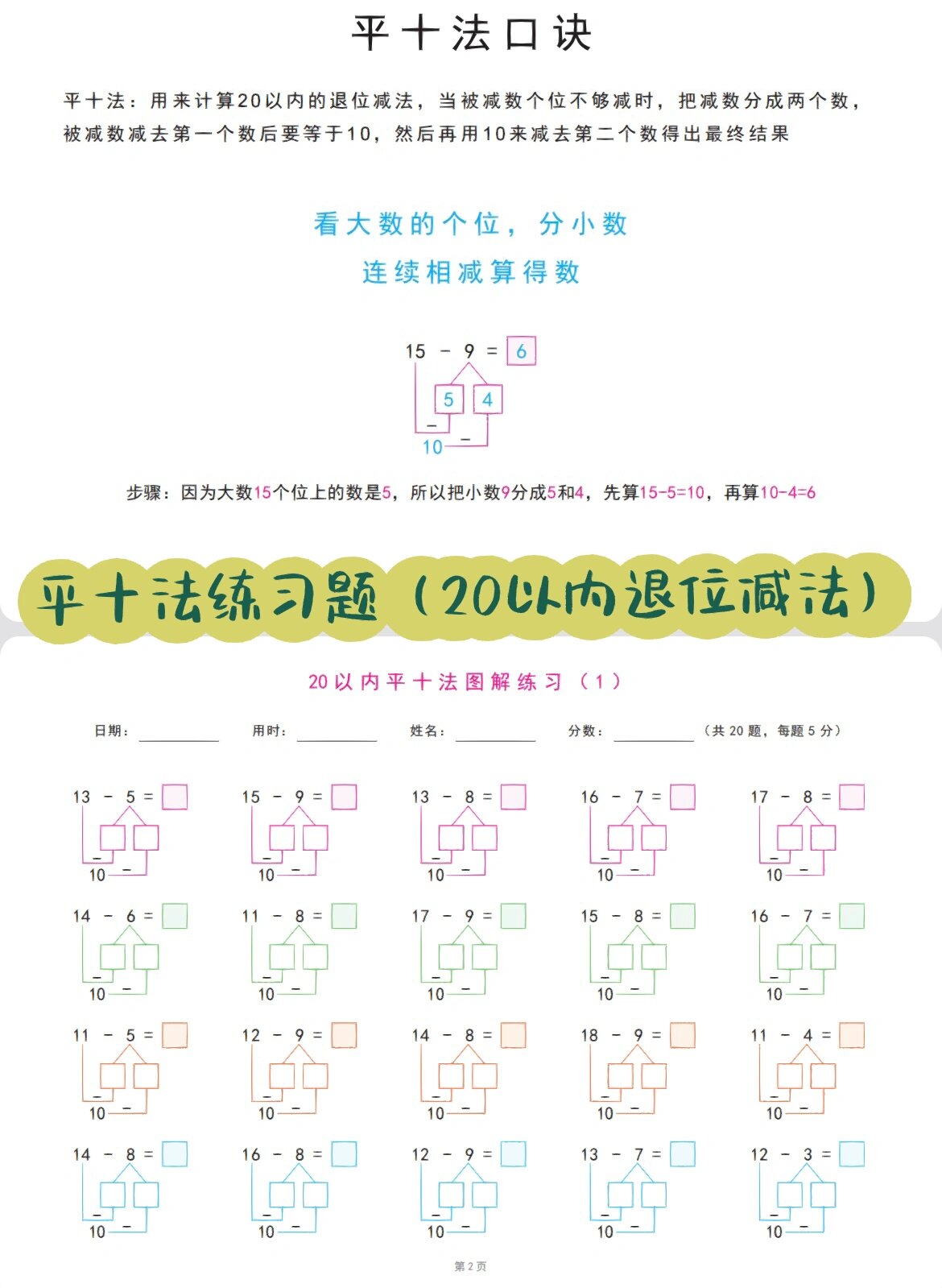 幼小衔接一年级必备 平十法 20以内退位减法