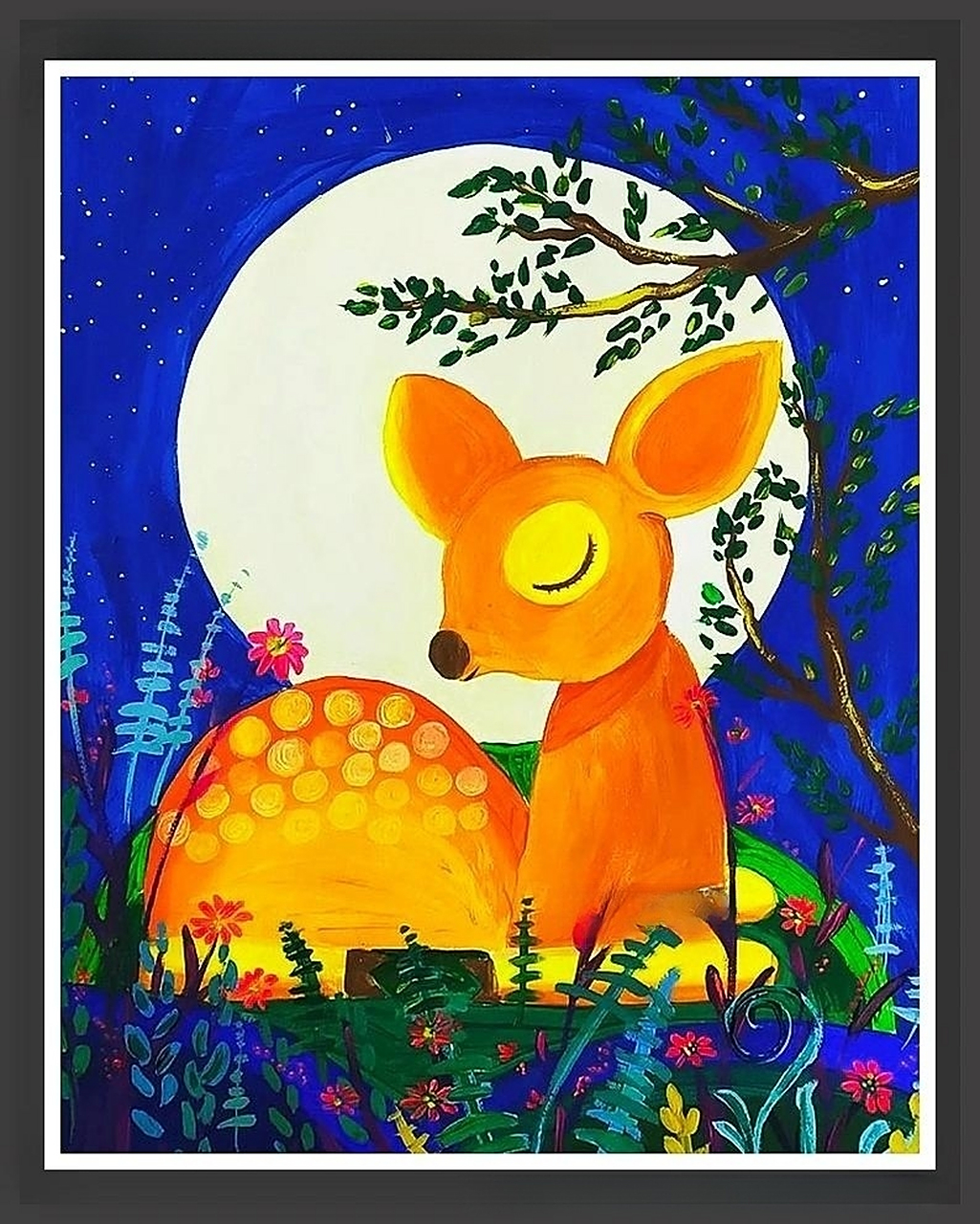 绘画课件|月下小鹿|儿童创意画鹿7-9岁 水粉 	 冷暖色彩