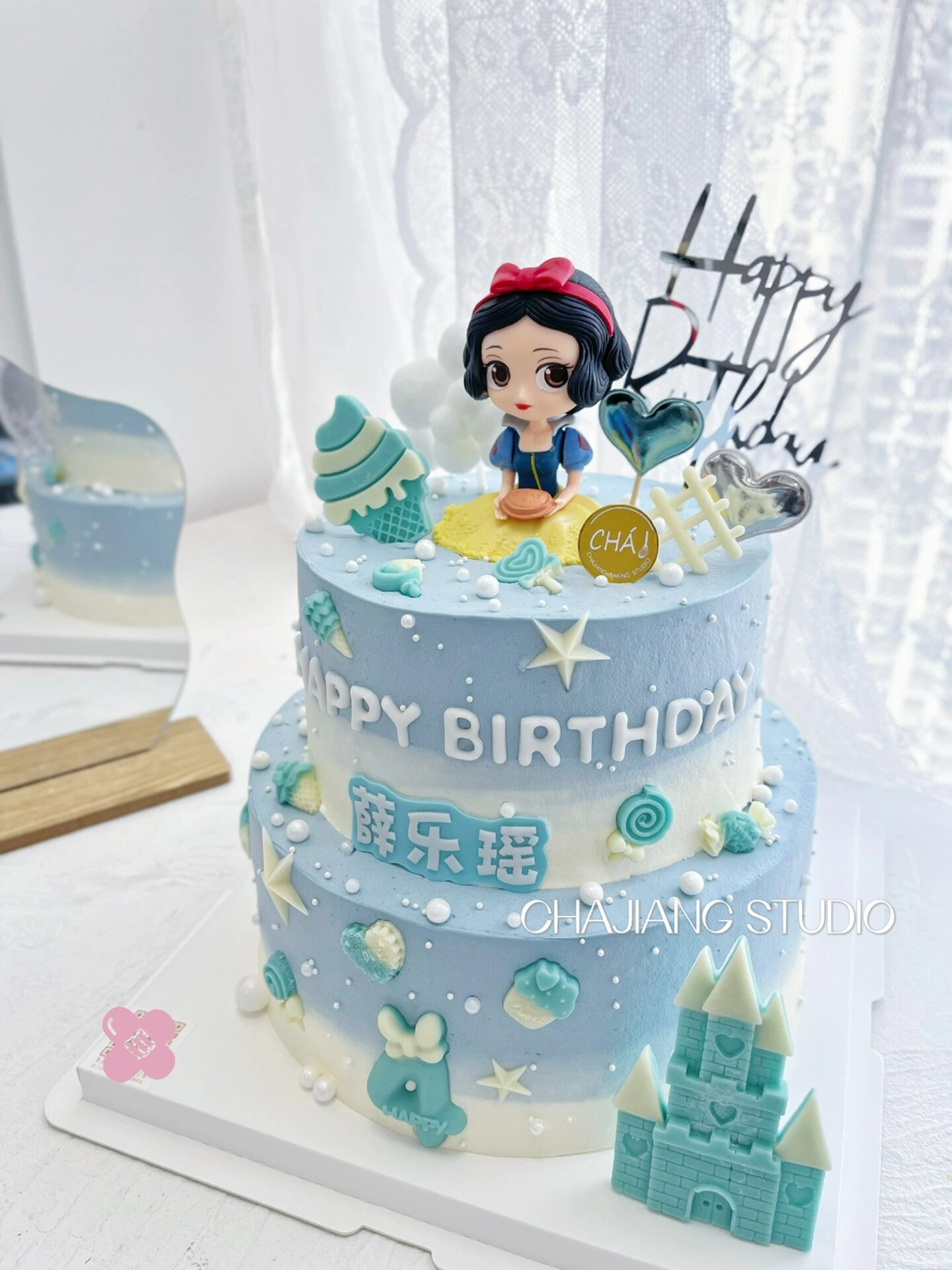 蓝色系白雪公主双层蛋糕 小女孩生日蛋糕 看多了粉色的白雪公主蛋糕