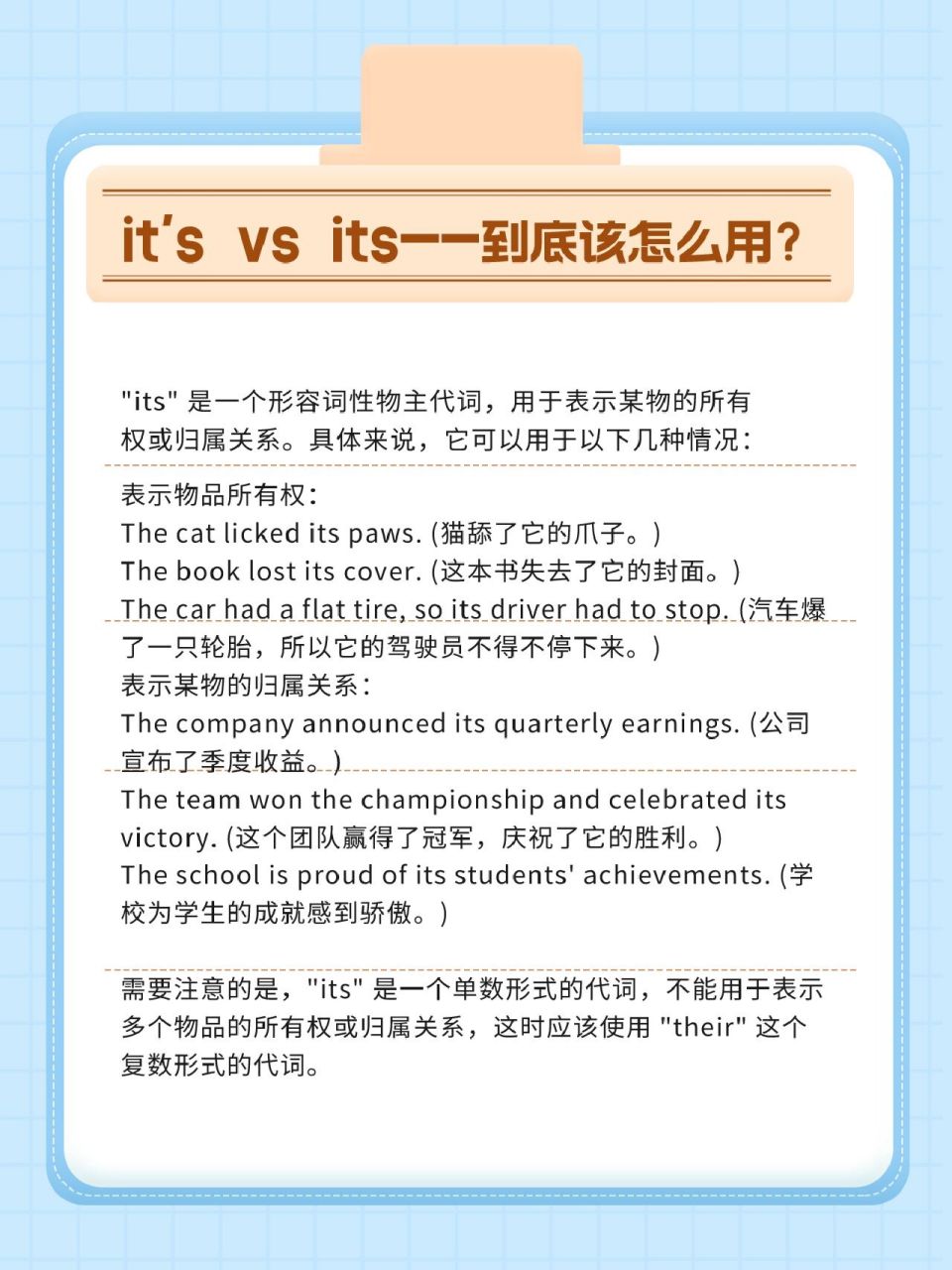 在英语学习中,掌握 "its" 和"its"的用法也是非常重要的.