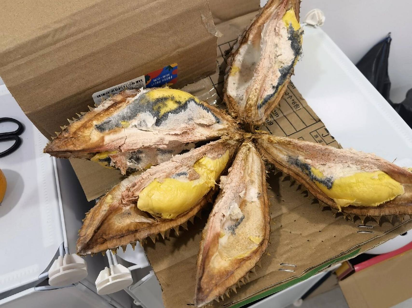 发霉的榴莲  谁懂,开始没熟,放那里,结果今天看着发霉了 而且每房还不