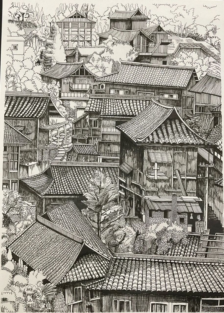 临摹 临摹·千户苗寨纸:普通素描纸 墨:凤凰诩—棋