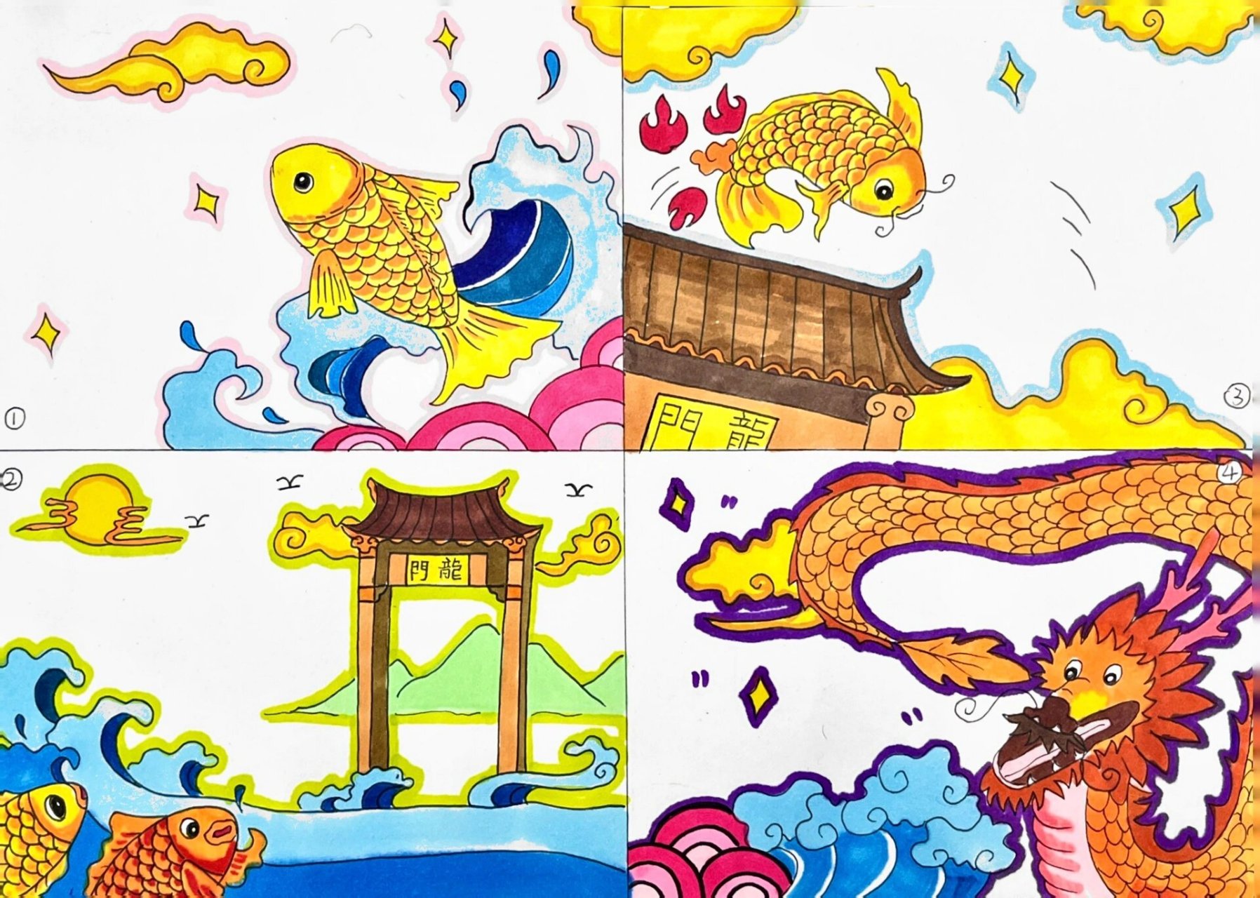 小鲤鱼跳龙门连环画 简单儿童绘画 连环画