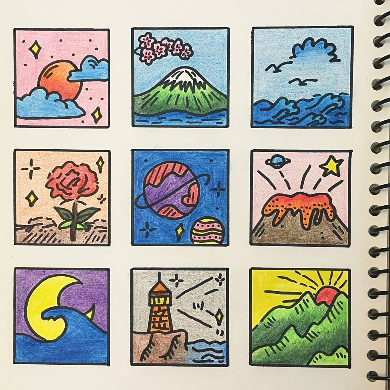 临摹简笔画|彩色风景篇 93 月 遇 从 云 7815 93 花 遇 和 风