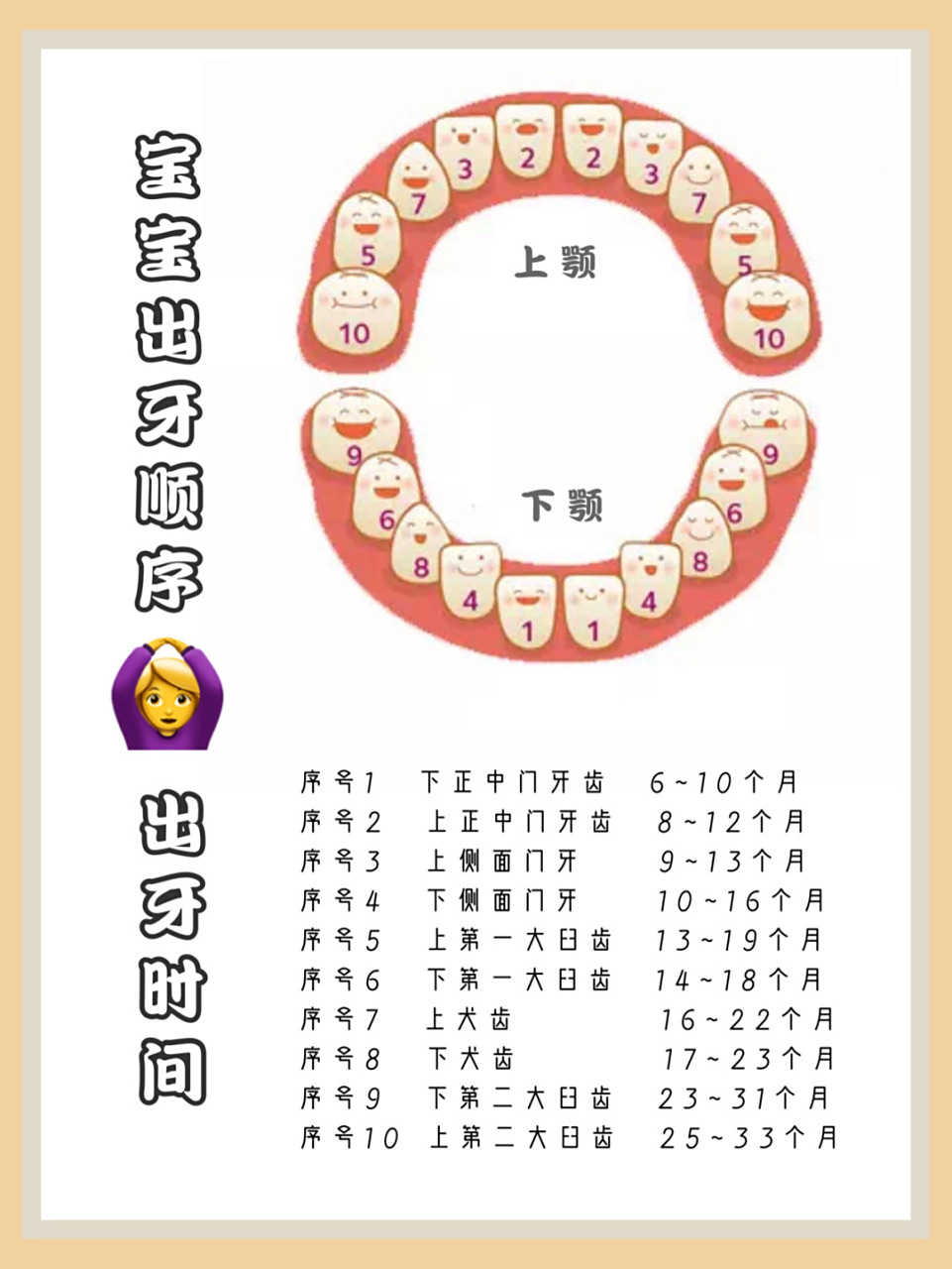 [照相机]特地整理出一个宝宝长乳牙顺序表,还附上相应的时间表.