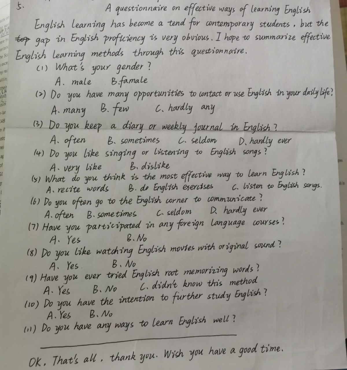 英语调查问卷 a questionnaire on effective ways of learning