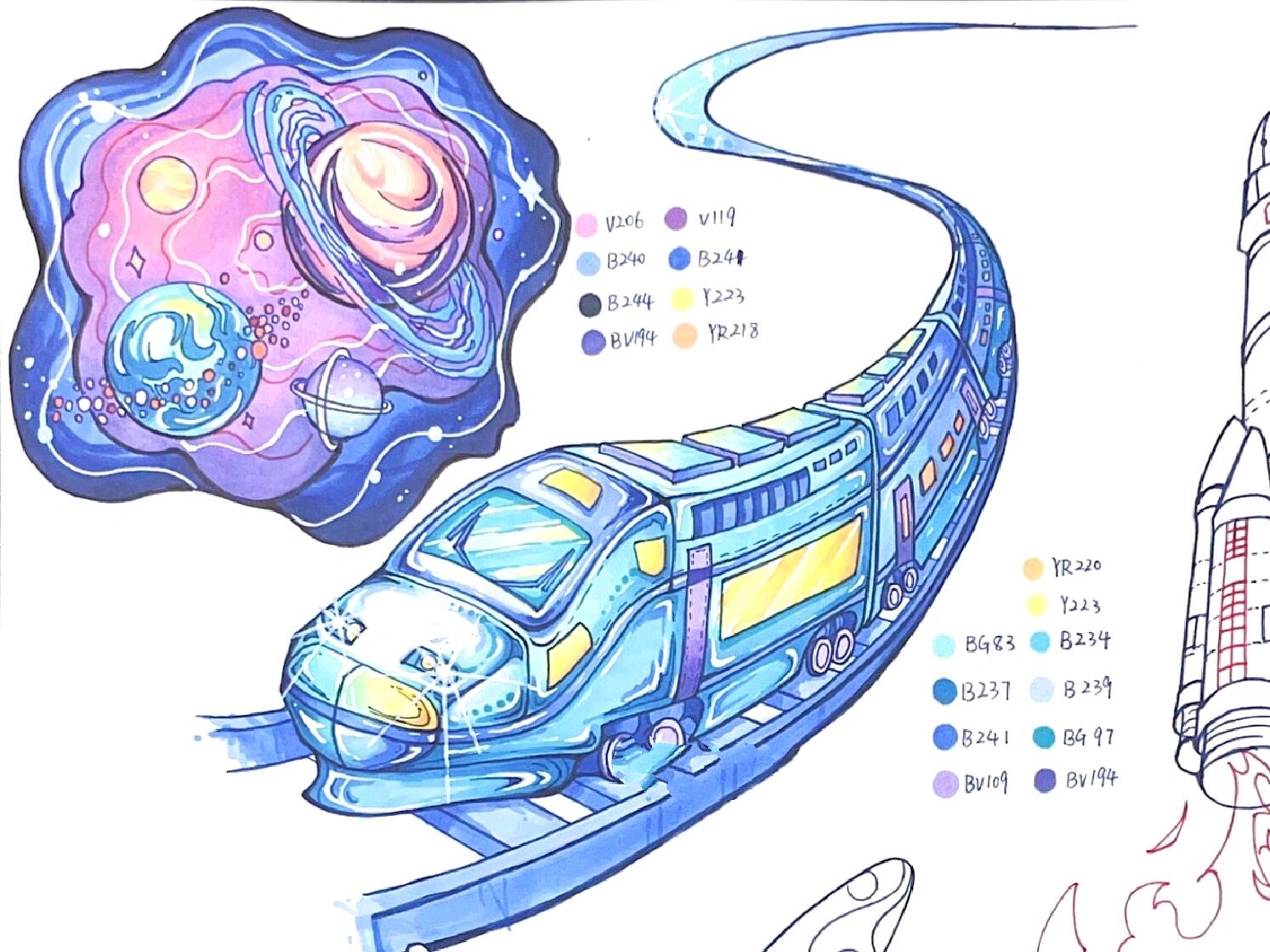�高铁&星球|马克笔装饰画海报考研手绘 元宇宙!碳中和!