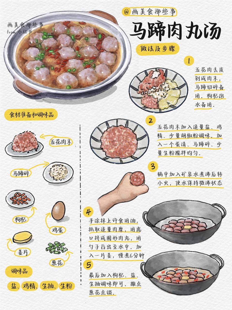 手绘食谱99马蹄肉丸汤,简直绝绝子93!