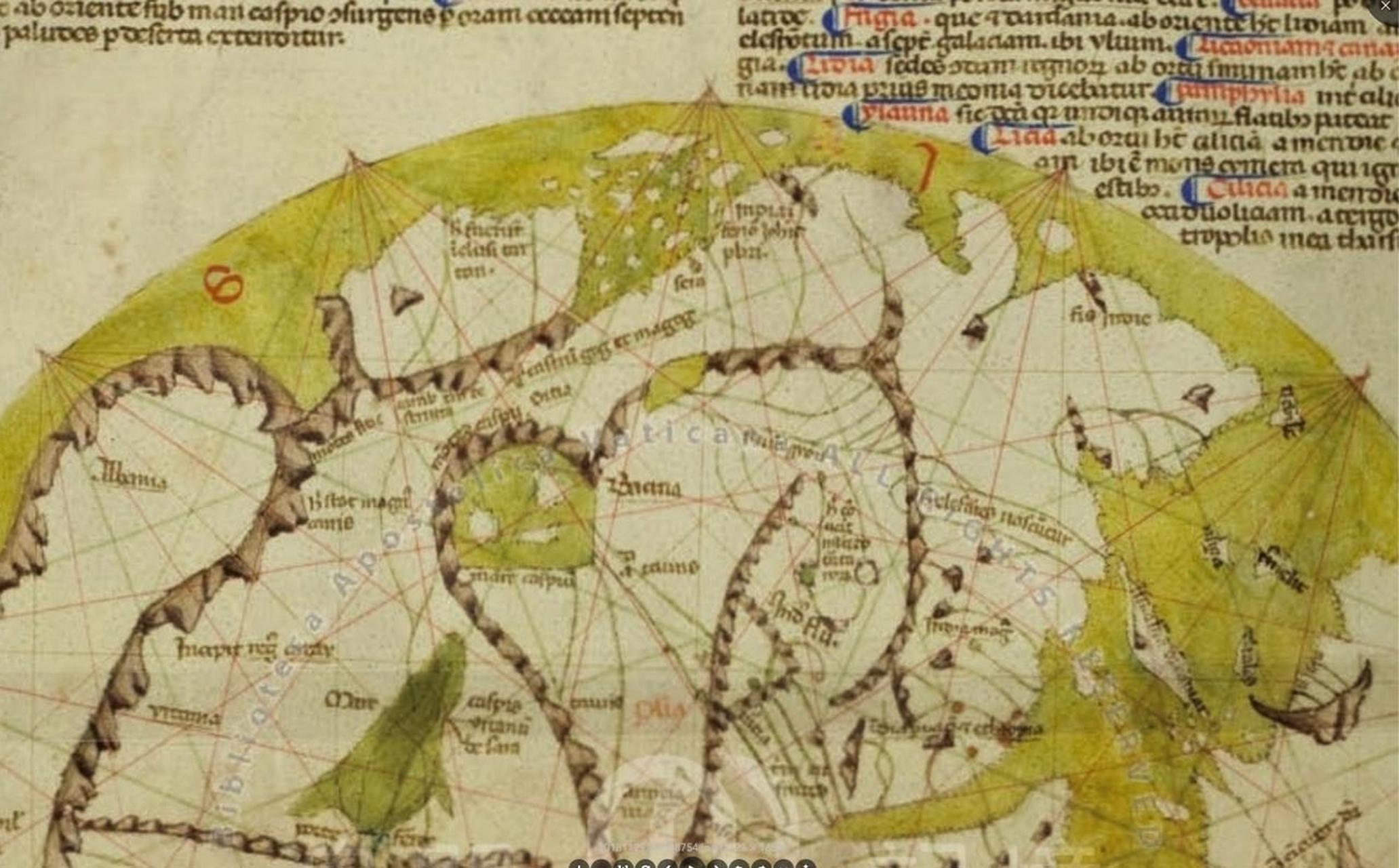 维斯孔蒂圆形世界地图,1320-1321年  本图的作者维斯孔蒂是最早的航海