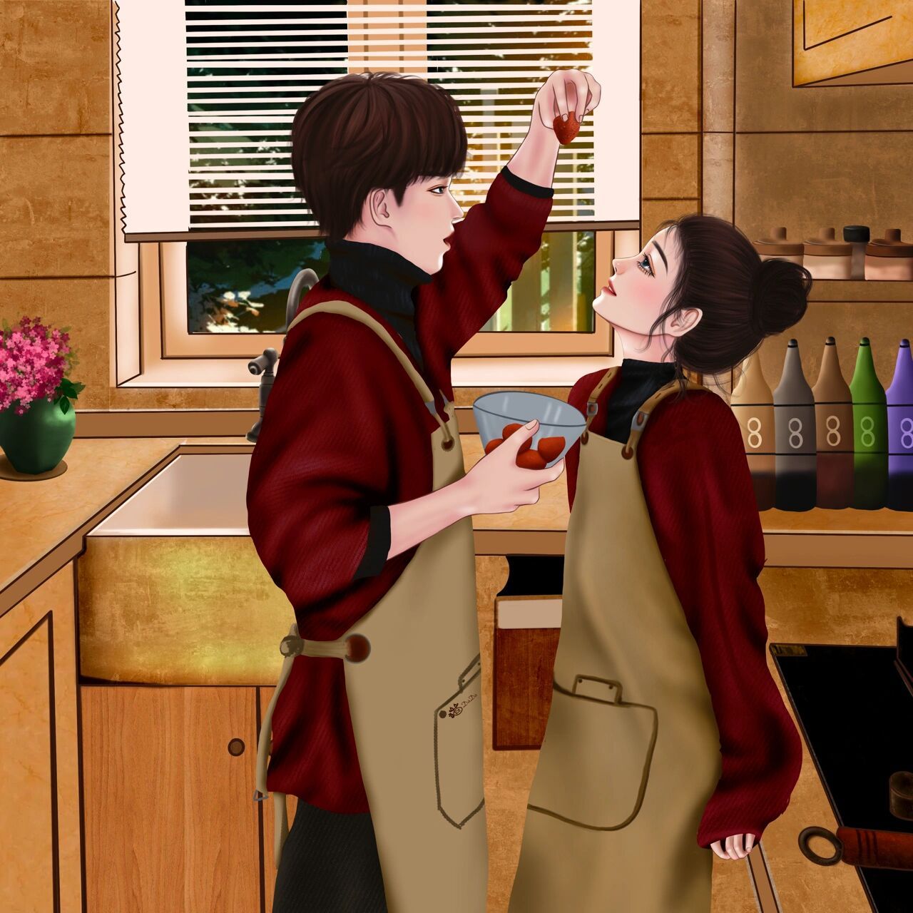 手绘情侣头像|双向奔赴的爱|过年红色款来啦 只有频率相同的人, 才能