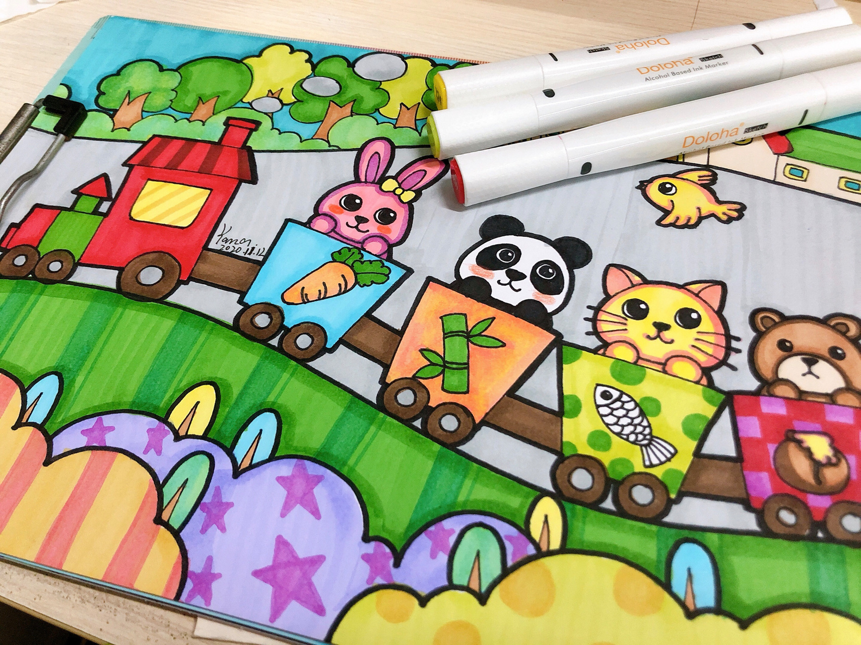 儿童画 马克笔 动物列车(含线稿) 今天超额完成任务! 加油哦大家!