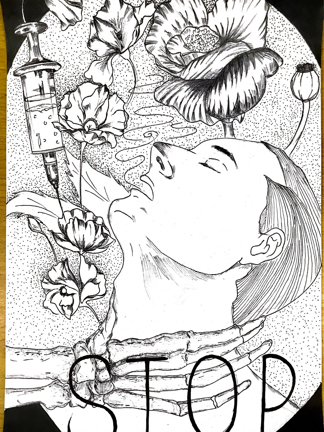 禁毒海报 画了一幅以禁毒为主题的海报,全画都是用勾线笔完成的,线条