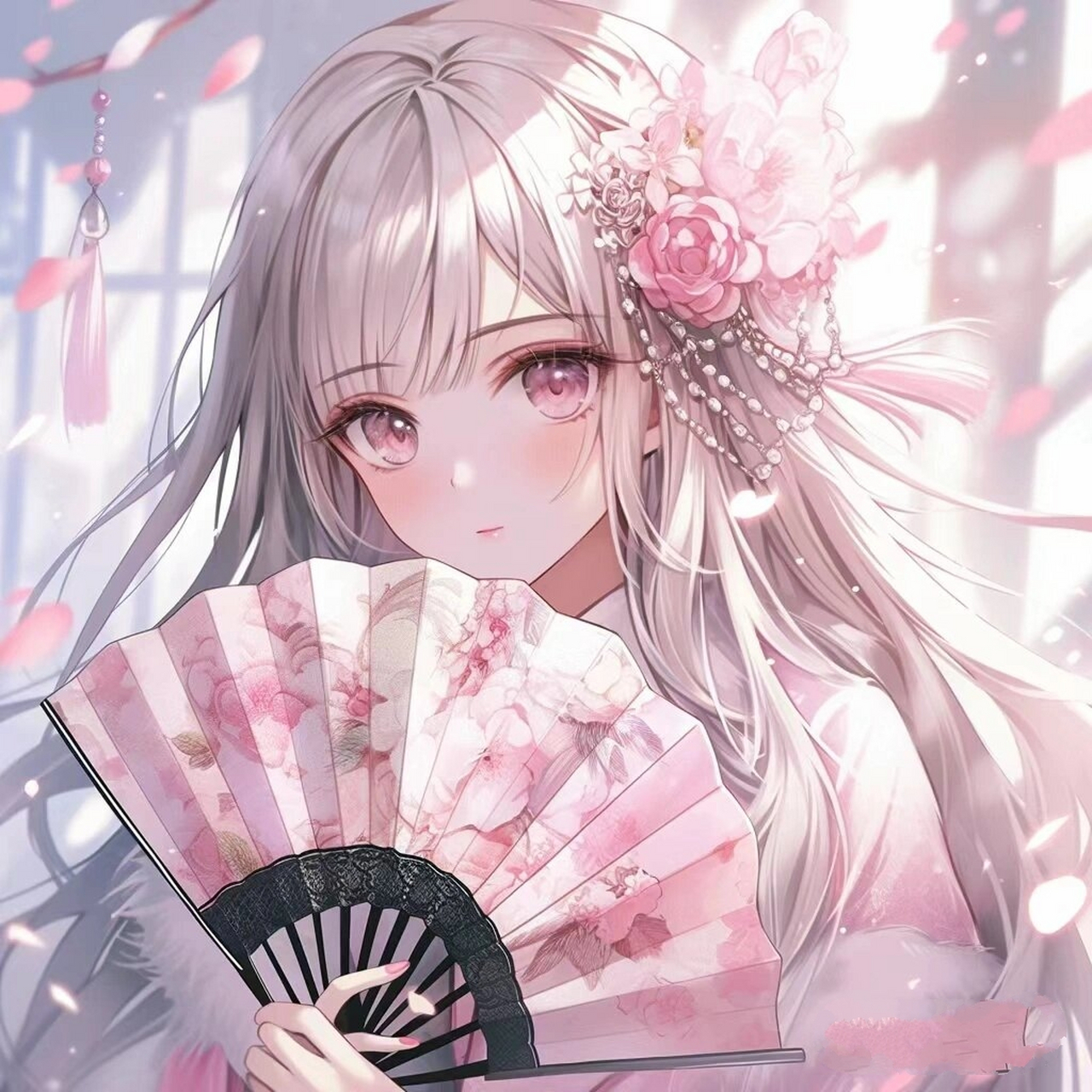 粉色古风拿扇女孩头像