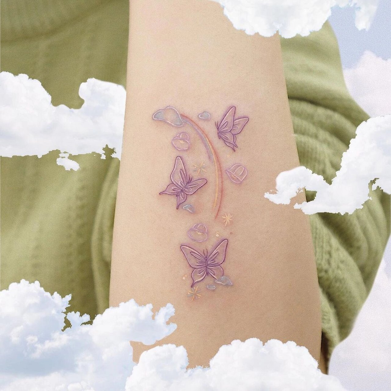 超美的简笔线条纹身合集9403 纯彩色线条感的纹身,各种鲜花,蝴蝶