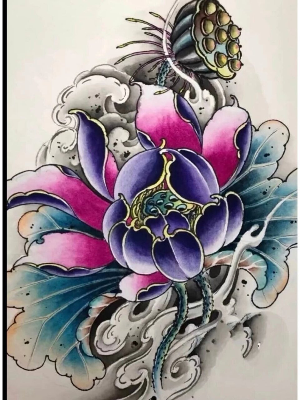 太原纹身‖新传统荷花 太原纹身‖新传统荷花纹身手稿分享