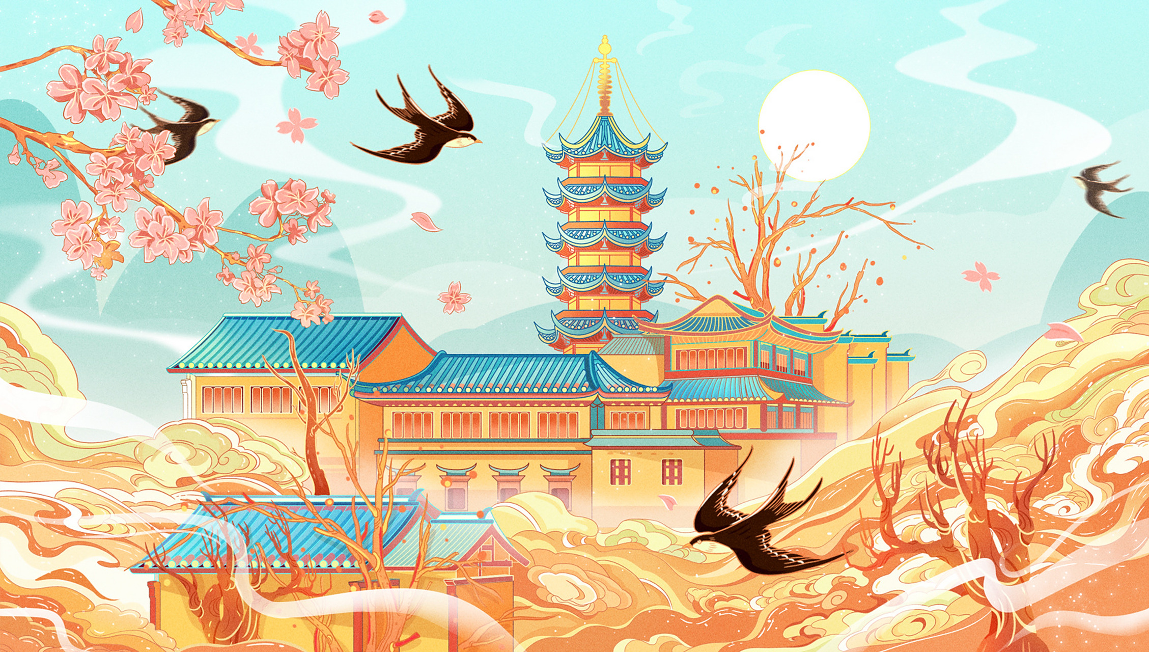 手绘国风插画 最美金陵必打卡:古鸡鸣寺