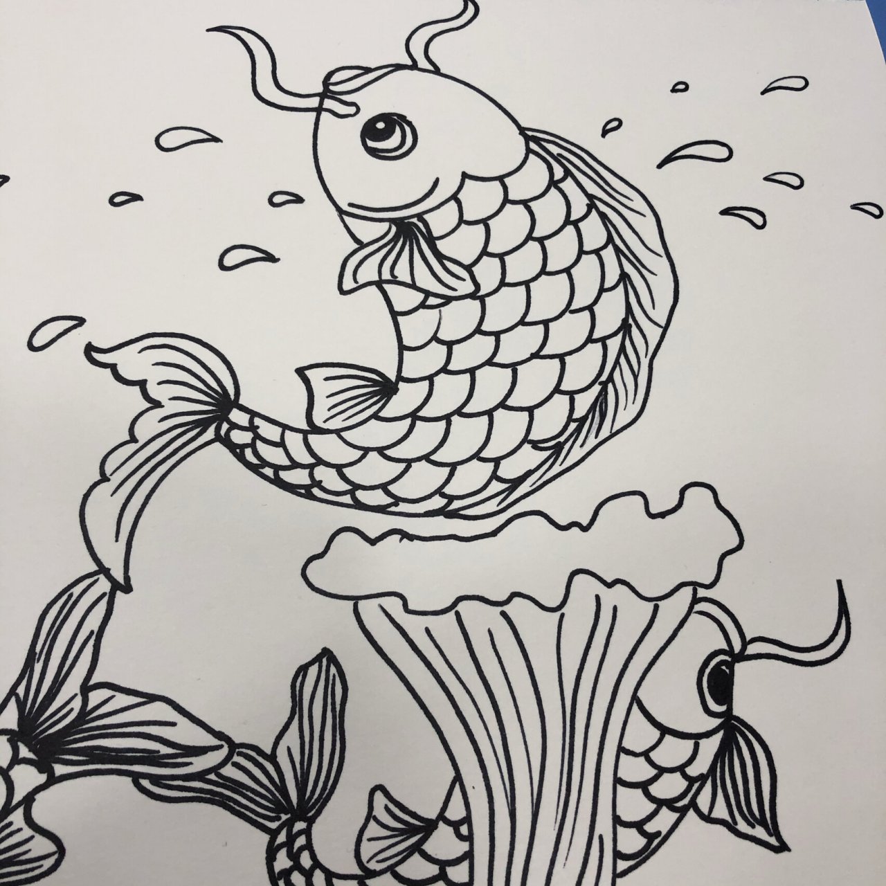 创意美术/儿童画/简笔画 《鲤鱼跃龙门》 所需材料:勾线笔,水彩笔
