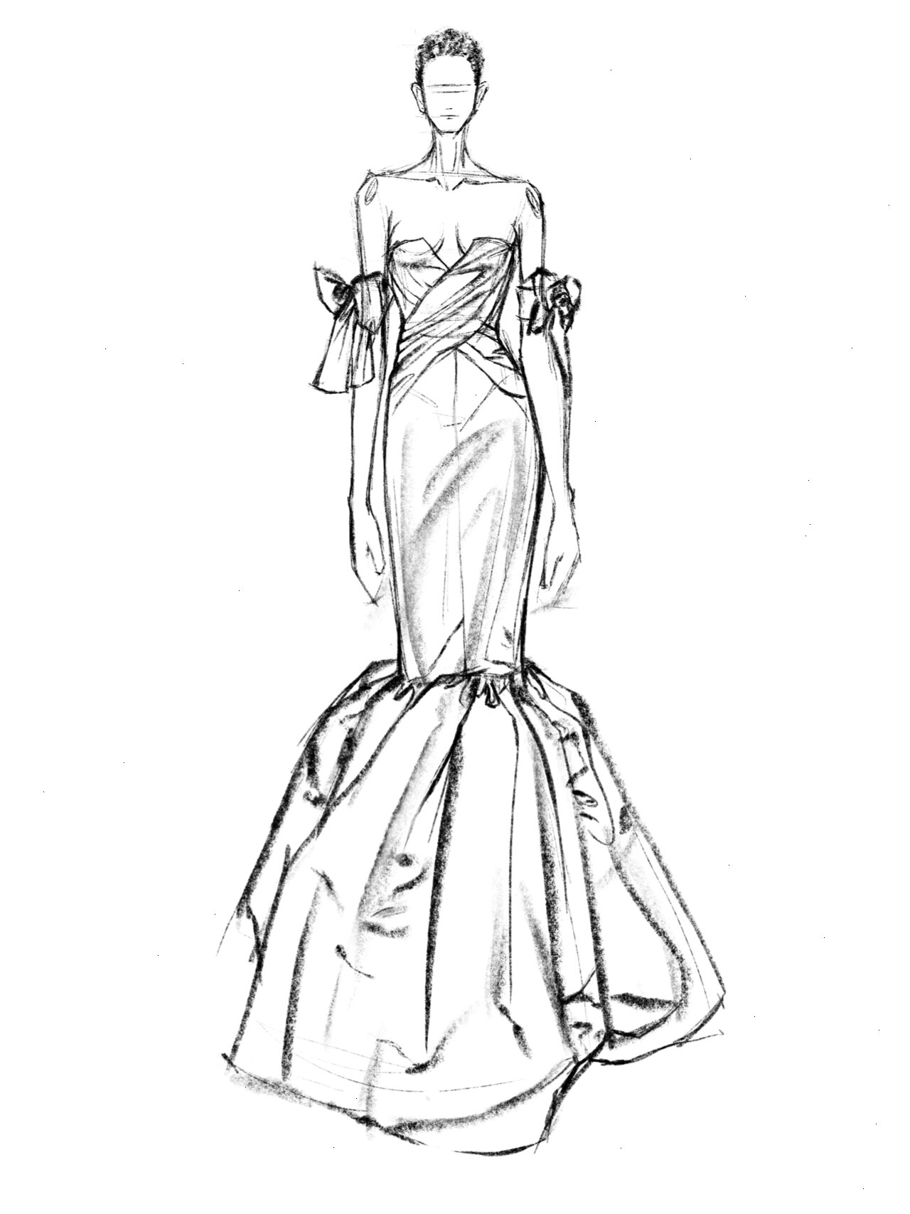 时装画96|服装设计手绘线稿7315-蝴蝶结礼服96