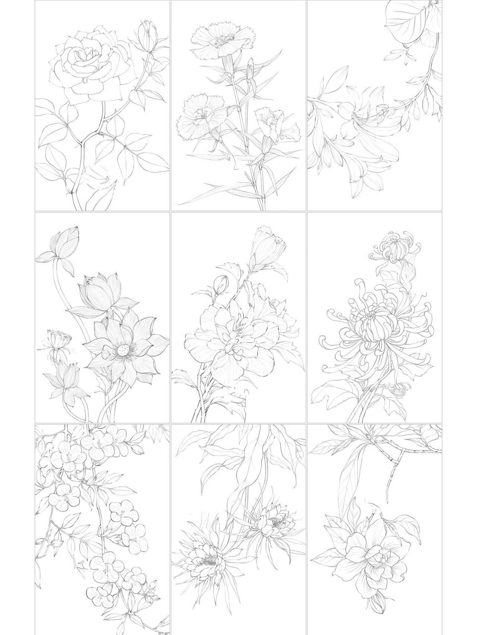 古风线描花卉九宫格 最近的原创线描花卉终于完成9张啦分别是月季