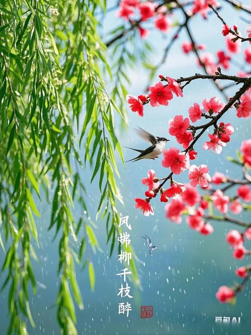 风和柳翠春正明真实图案春风摇绿柳求下联春风有意拂新枝配图#上联:风