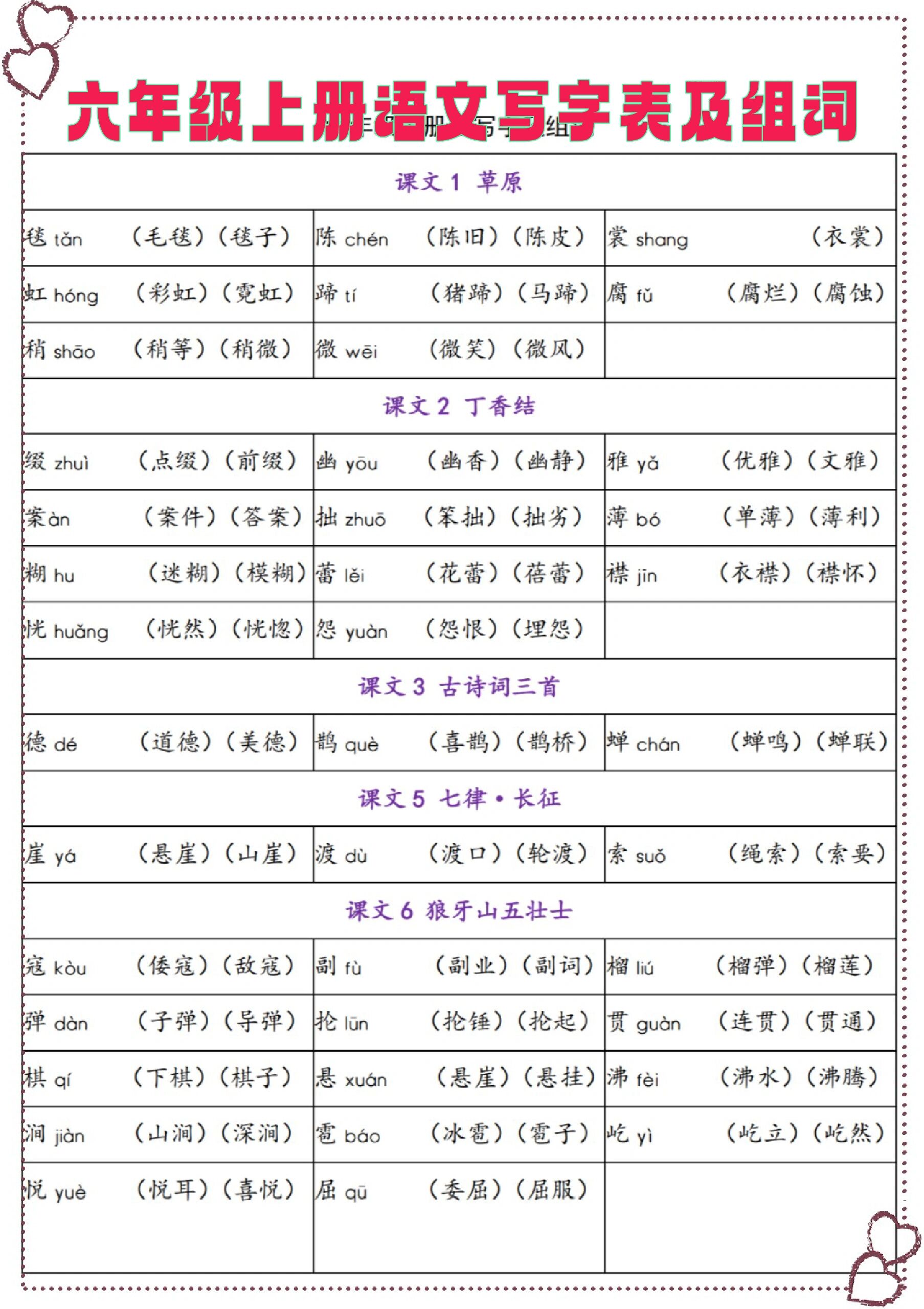 六年级语文上册写字表及组词