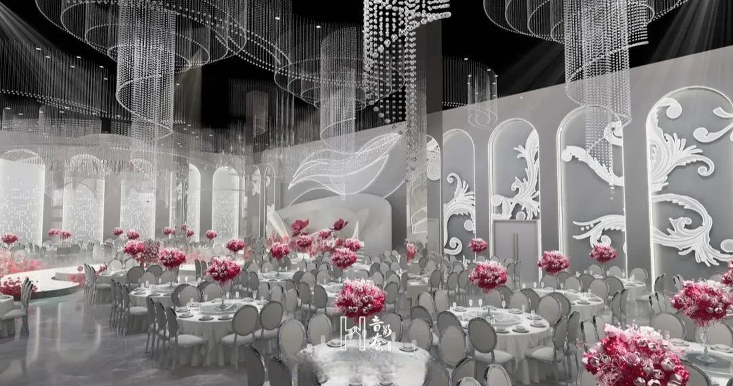 宴会厅设计灵感来源于"佛洛伊德玫瑰",优雅的白与热烈的玫红交织,上