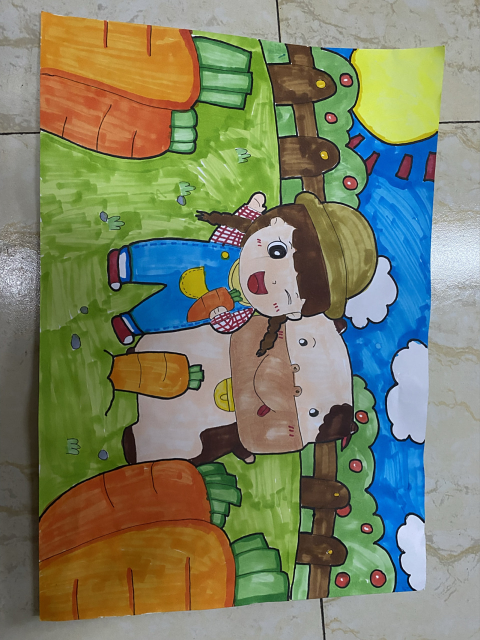 幼儿简笔画主题画之我的家乡 农场 乡下 拔萝卜的小女孩和牛