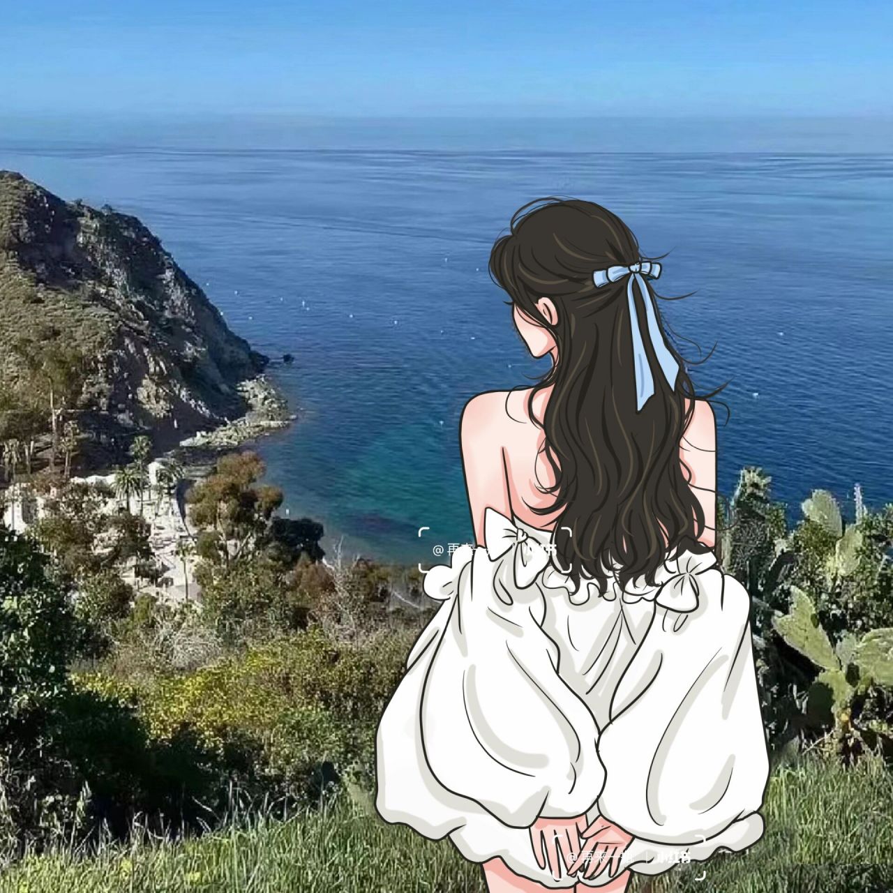 海边女生背影头像 手绘头像|女生海边氛围感|每日一画09 喜欢可用于