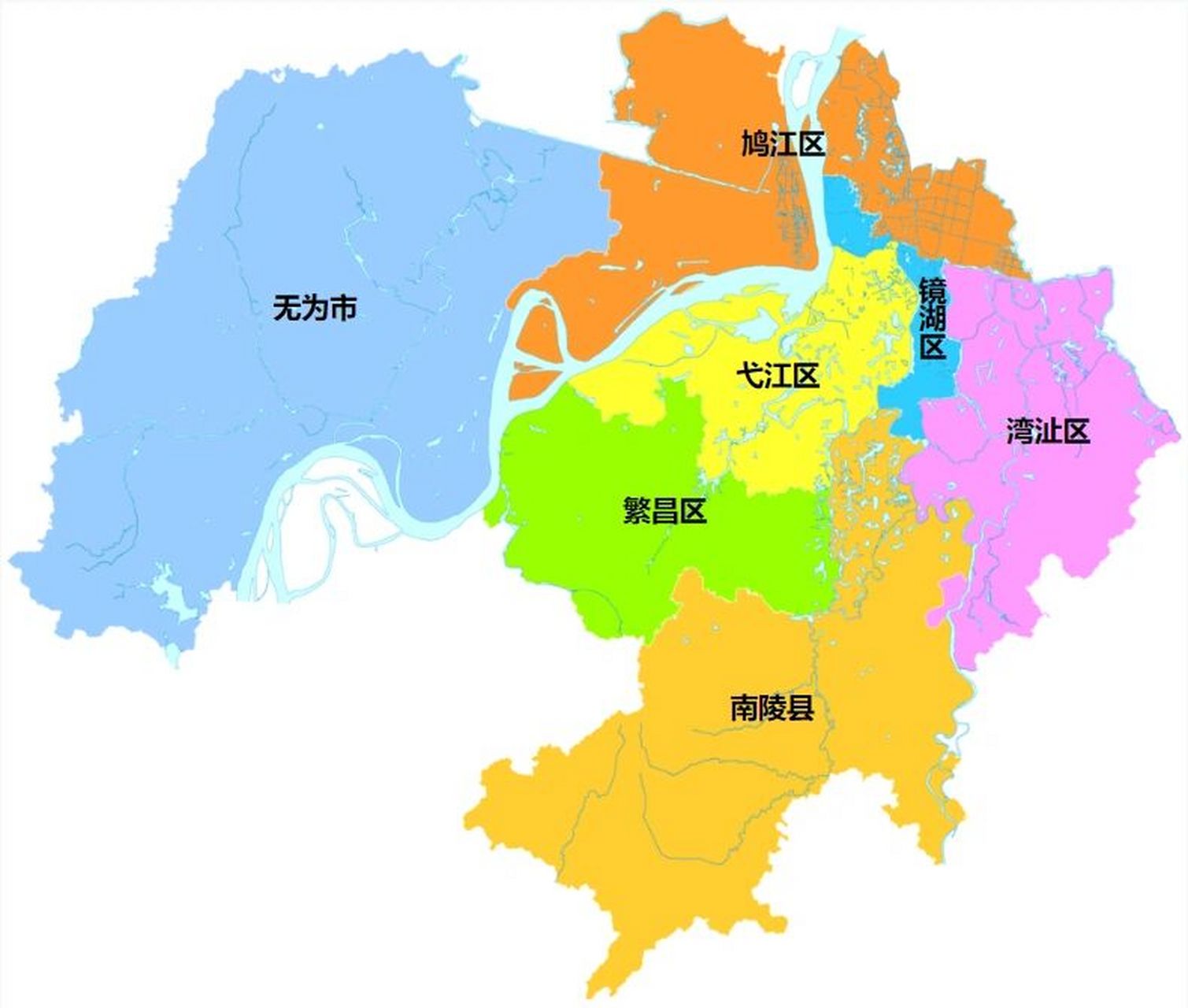 芜湖全市划分为 5个区:镜湖区,鸠江区,弋江区,湾沚区,繁昌区; 1个
