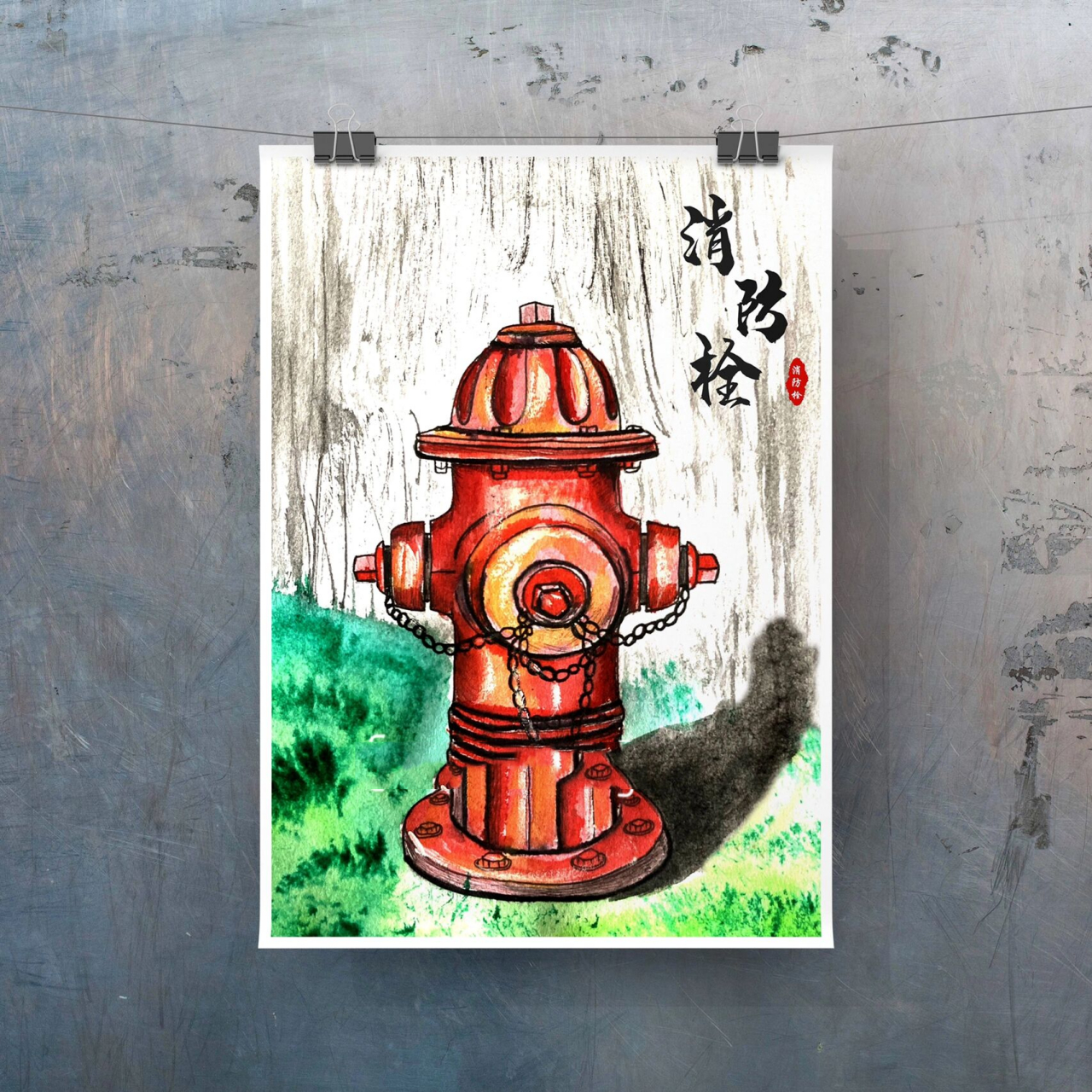 运用丰富的线条和色彩,生动地体现出消防栓的结构;突出消防栓的层次感