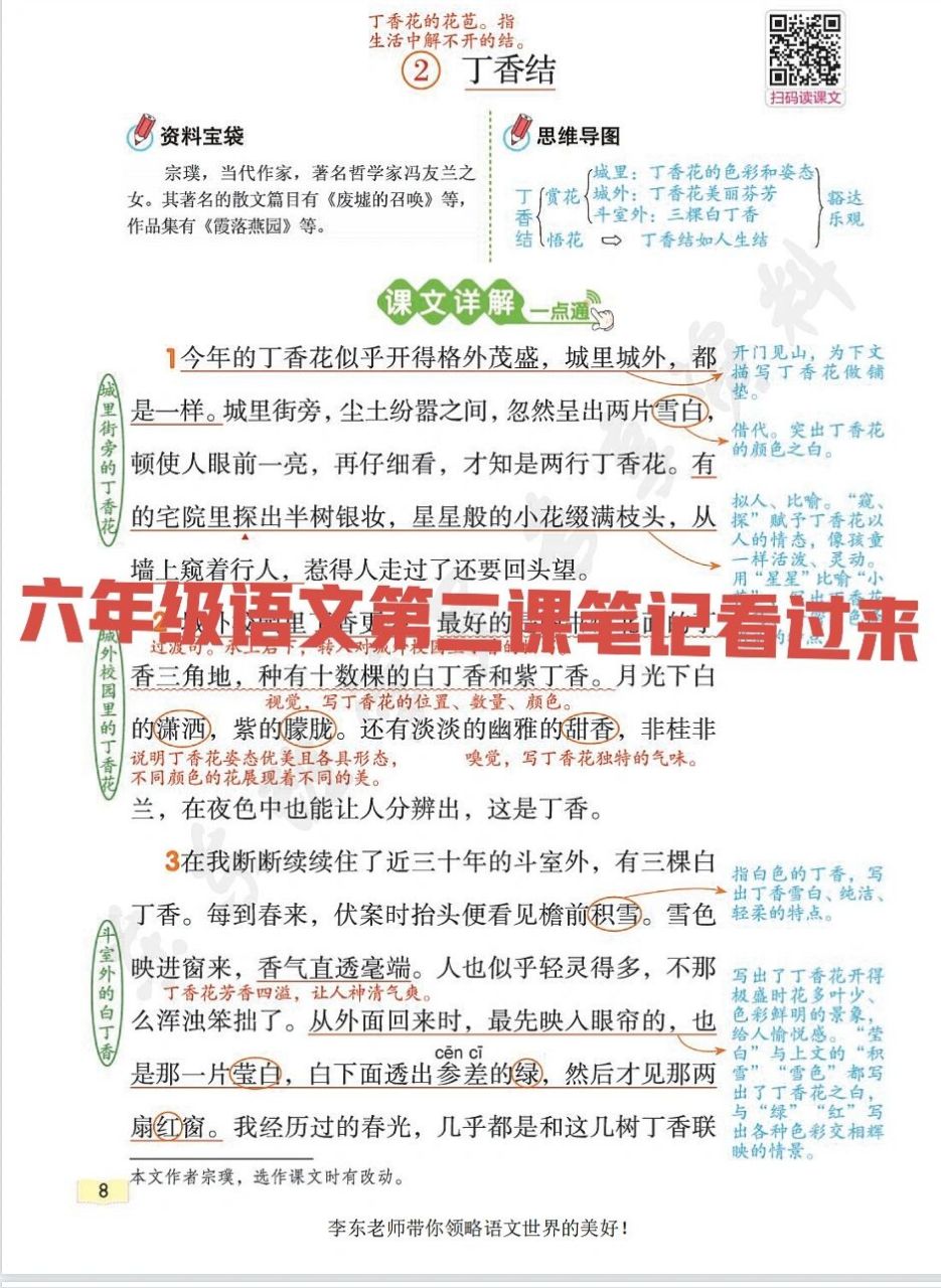 六年级语文第二课《丁香结》最全笔记 昨天发布第一课收到了很多家长