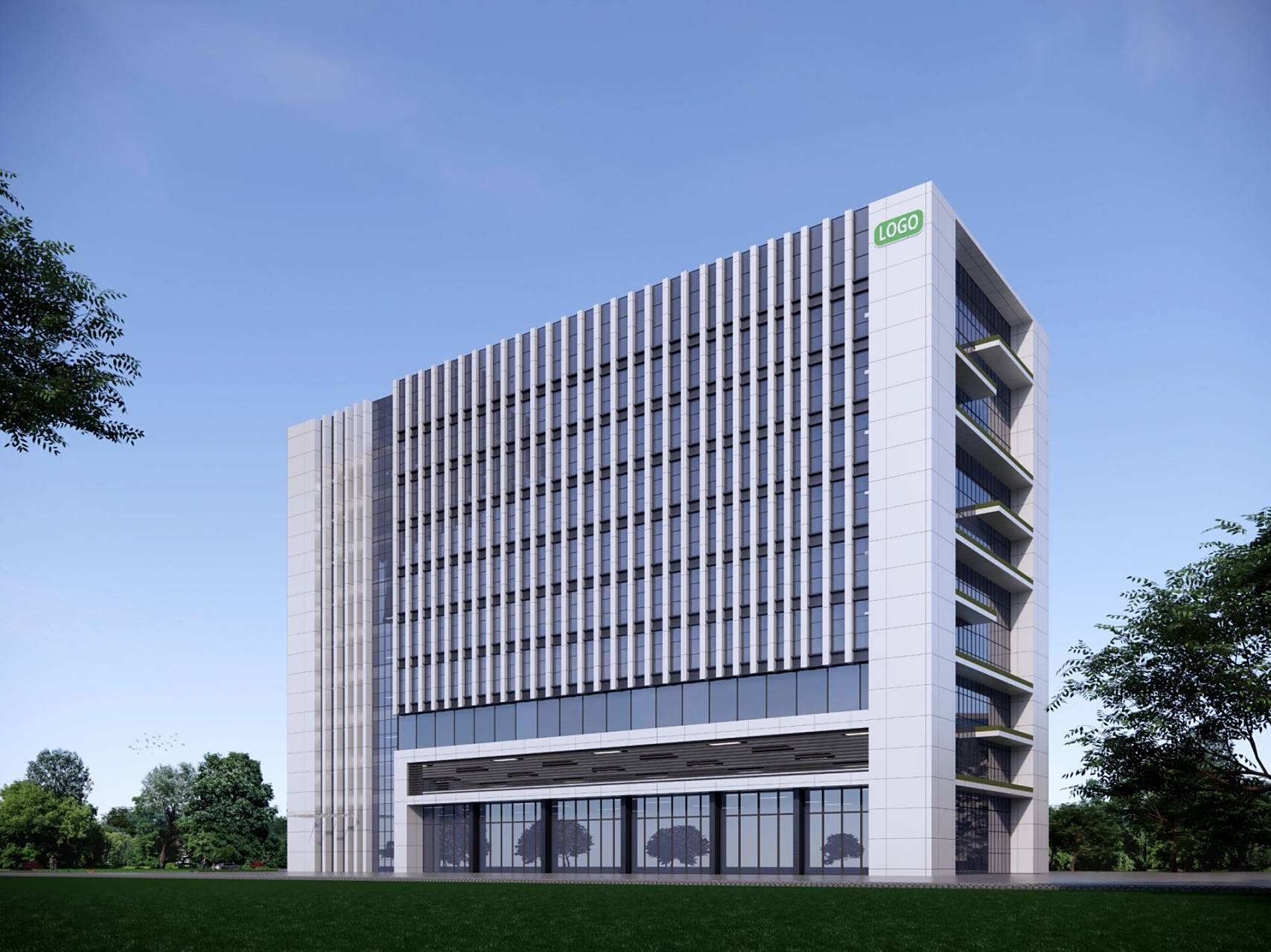 现代高层玻璃幕墙铝板写字楼外墙效果图设计 写字楼外观效果图设计