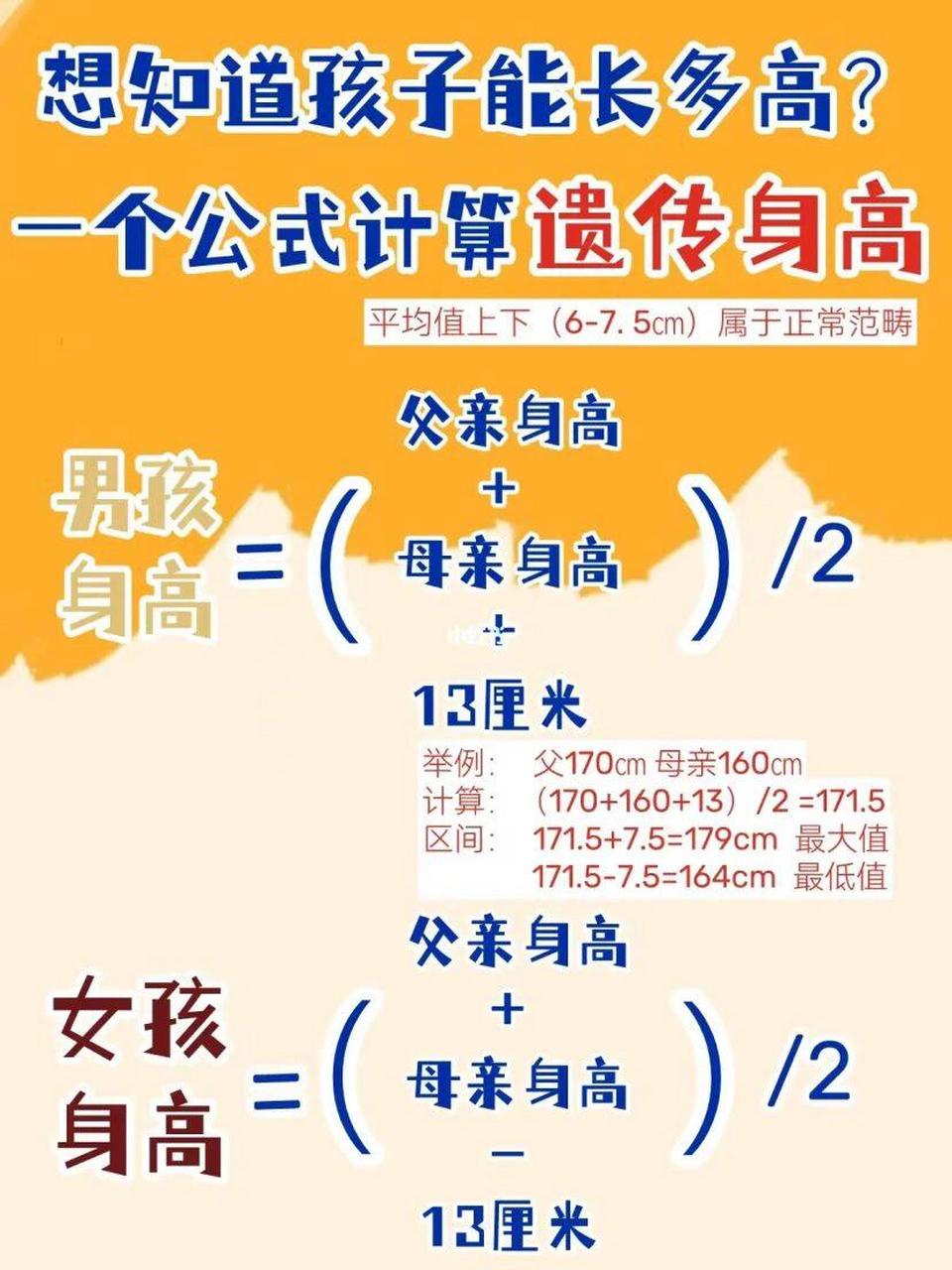 靶传身高即指根据父母身高计算的 【遗传身高】 计算公式: 男孩:(父