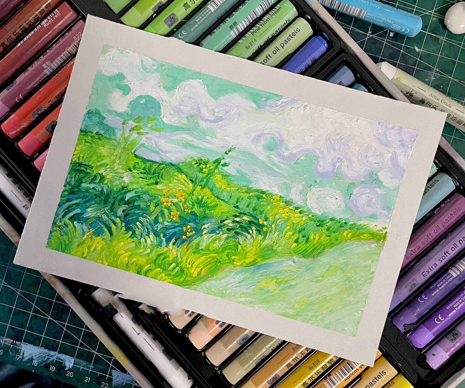 油画棒-绿色的麦田(绘画过程)