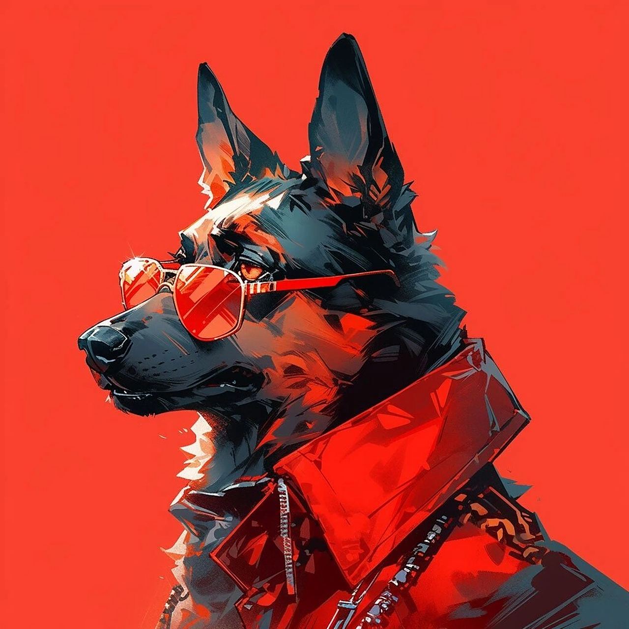 98在炙热的红色中,墨镜德牧散发着无法抗拒的魅力.