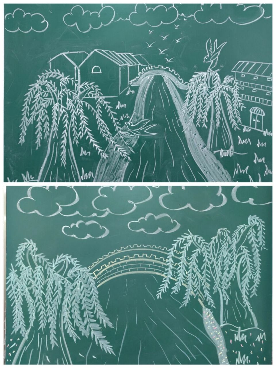 黑板粉笔画|儿童简笔画|垂柳|春天 #小学美术老师# #简笔画# #儿童画