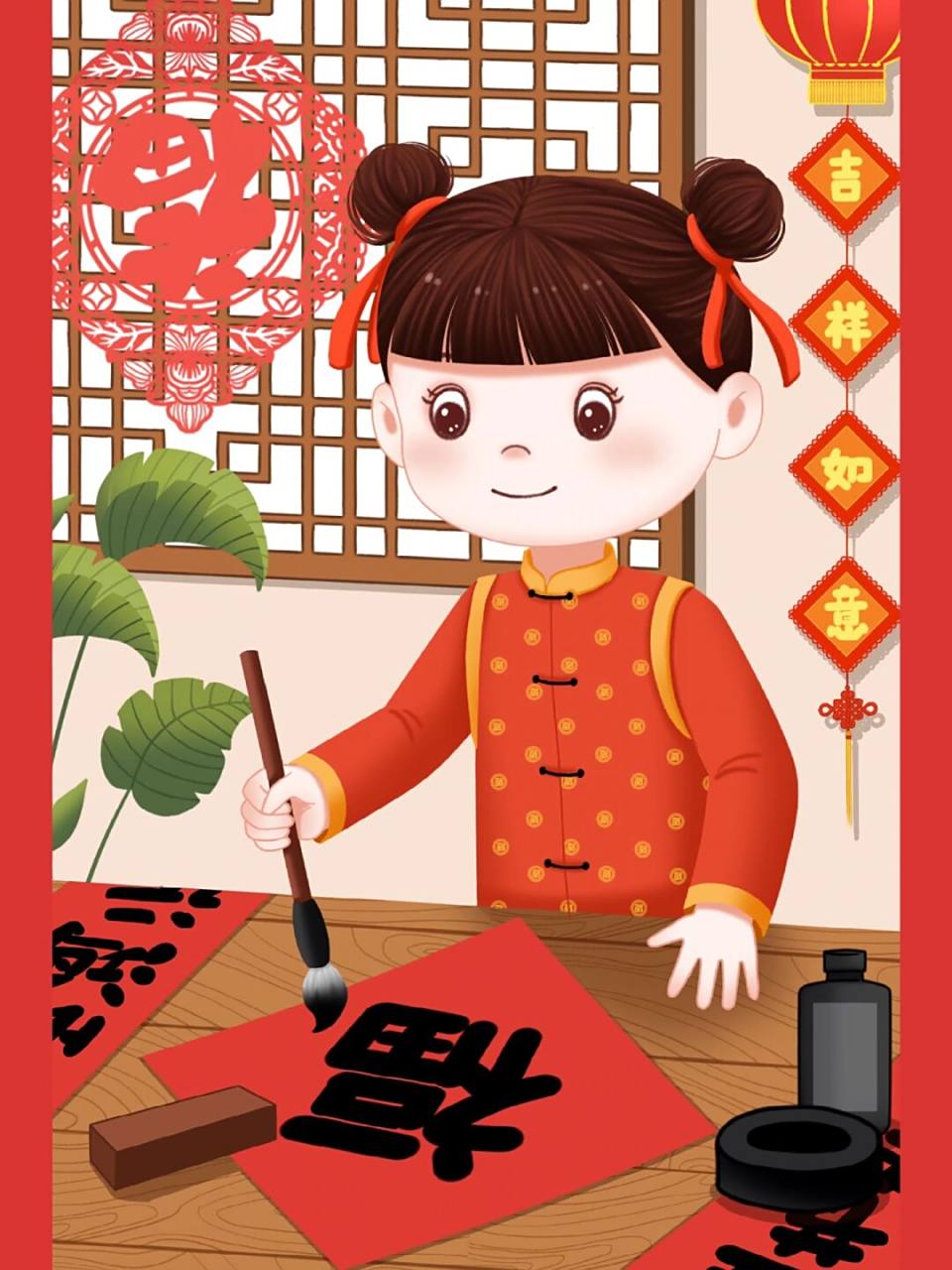 春节插画|红衣女孩带你过快乐的春节 红衣女孩写春联,贴春联,贴窗花