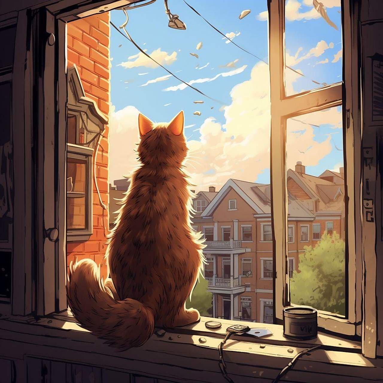 趴在窗台上晒太阳的猫治愈画风 猫咪