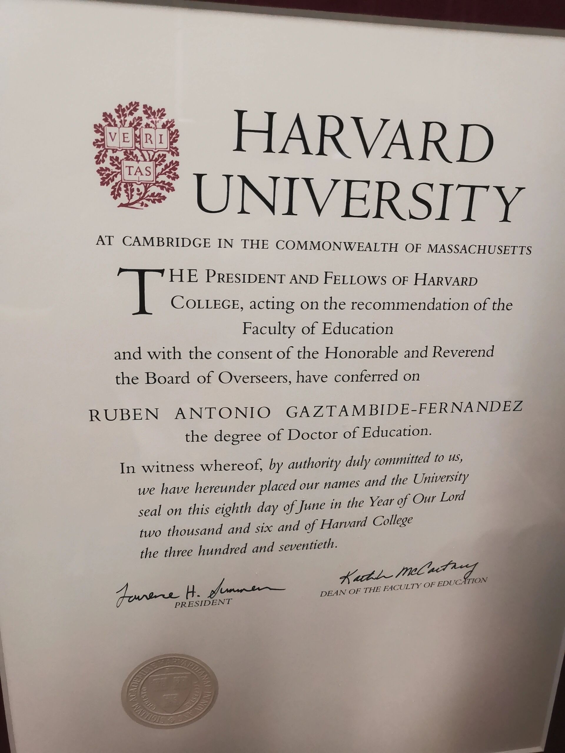 哈佛大学教育博士毕业证书