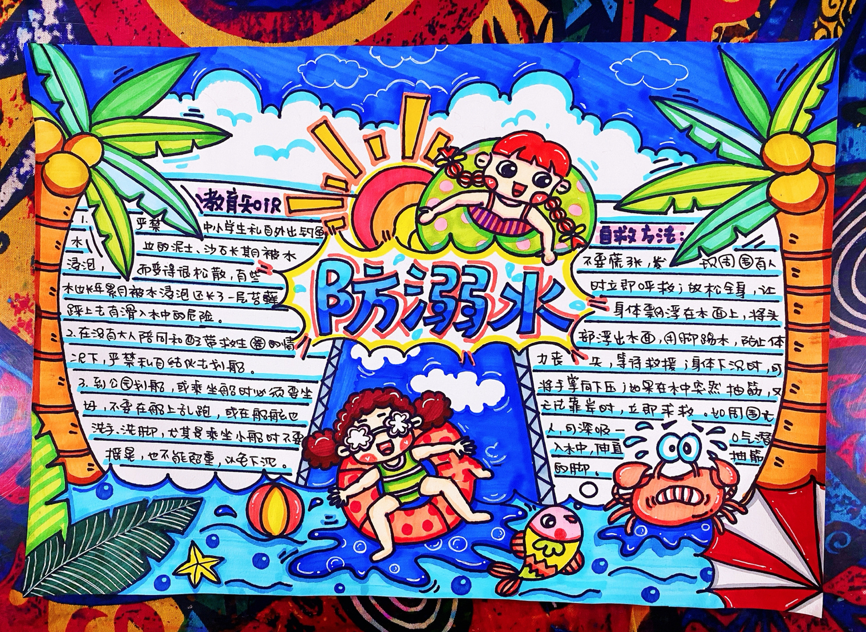 手抄报|防溺水*带线稿图 工具:马克笔 铅笔 橡皮 勾线笔 防溺水主题