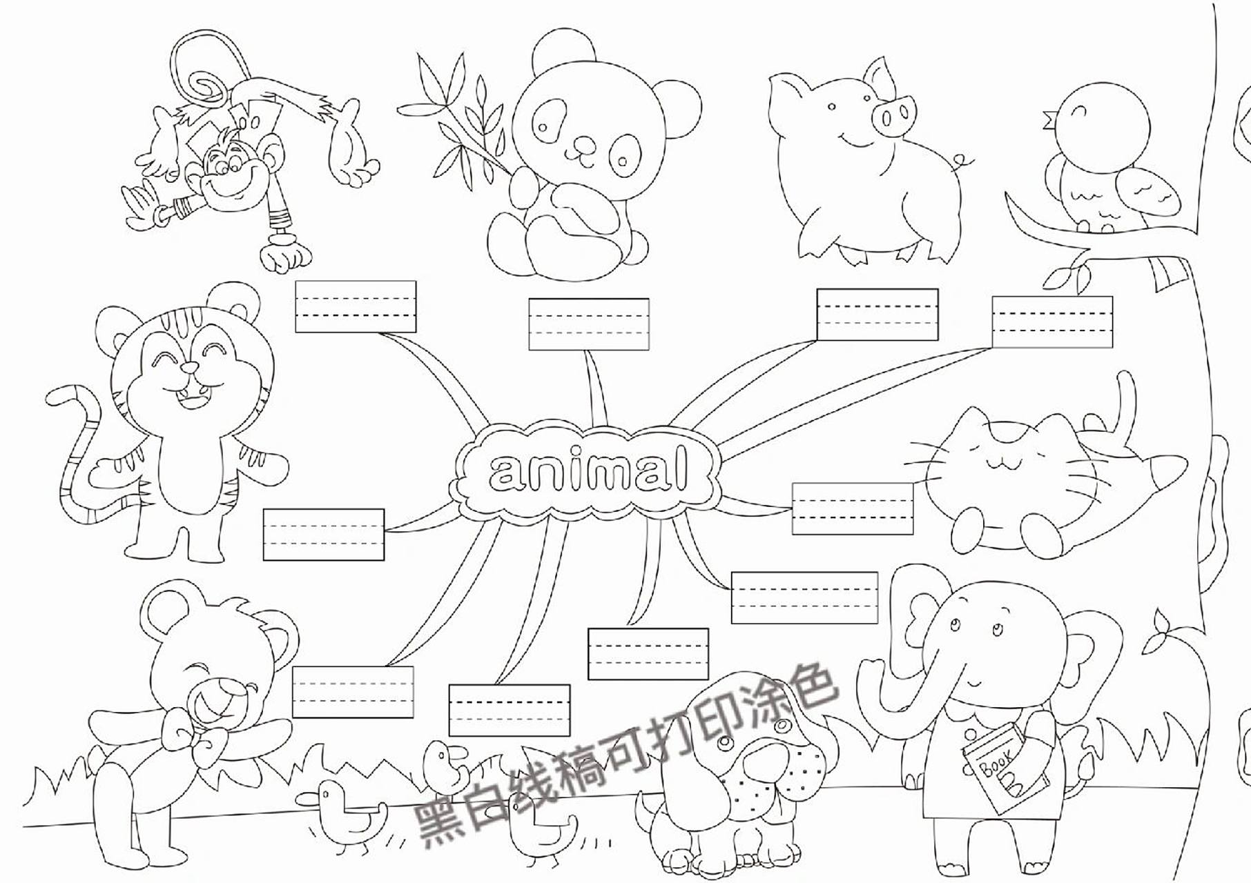 英语手抄报 286动物英语手抄报模板,黑白线稿可以打印涂色.