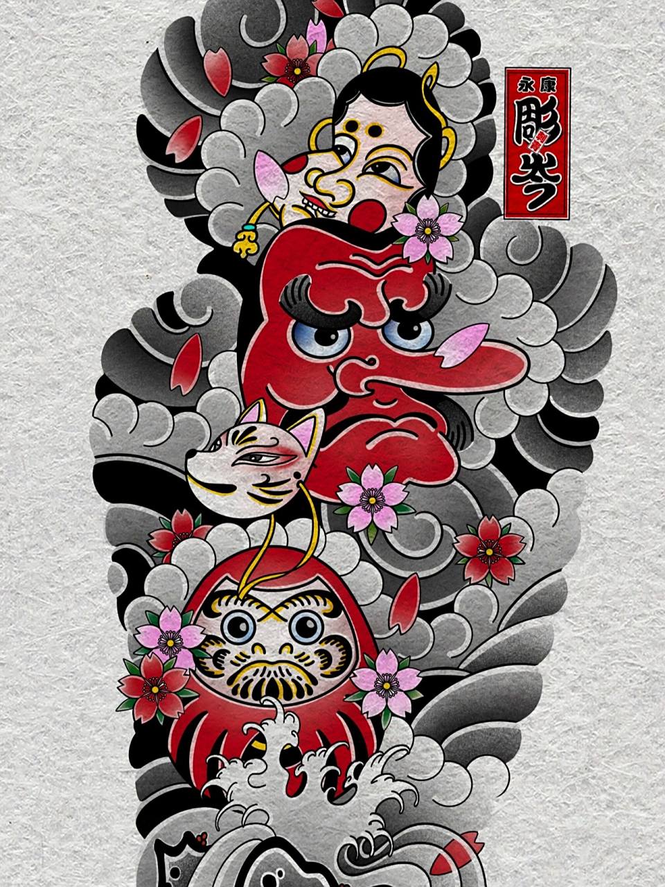 日式老传统花臂纹身手稿 私人定制