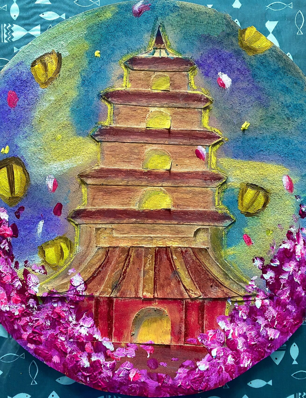 儿童画  擦色版画《大雁塔》