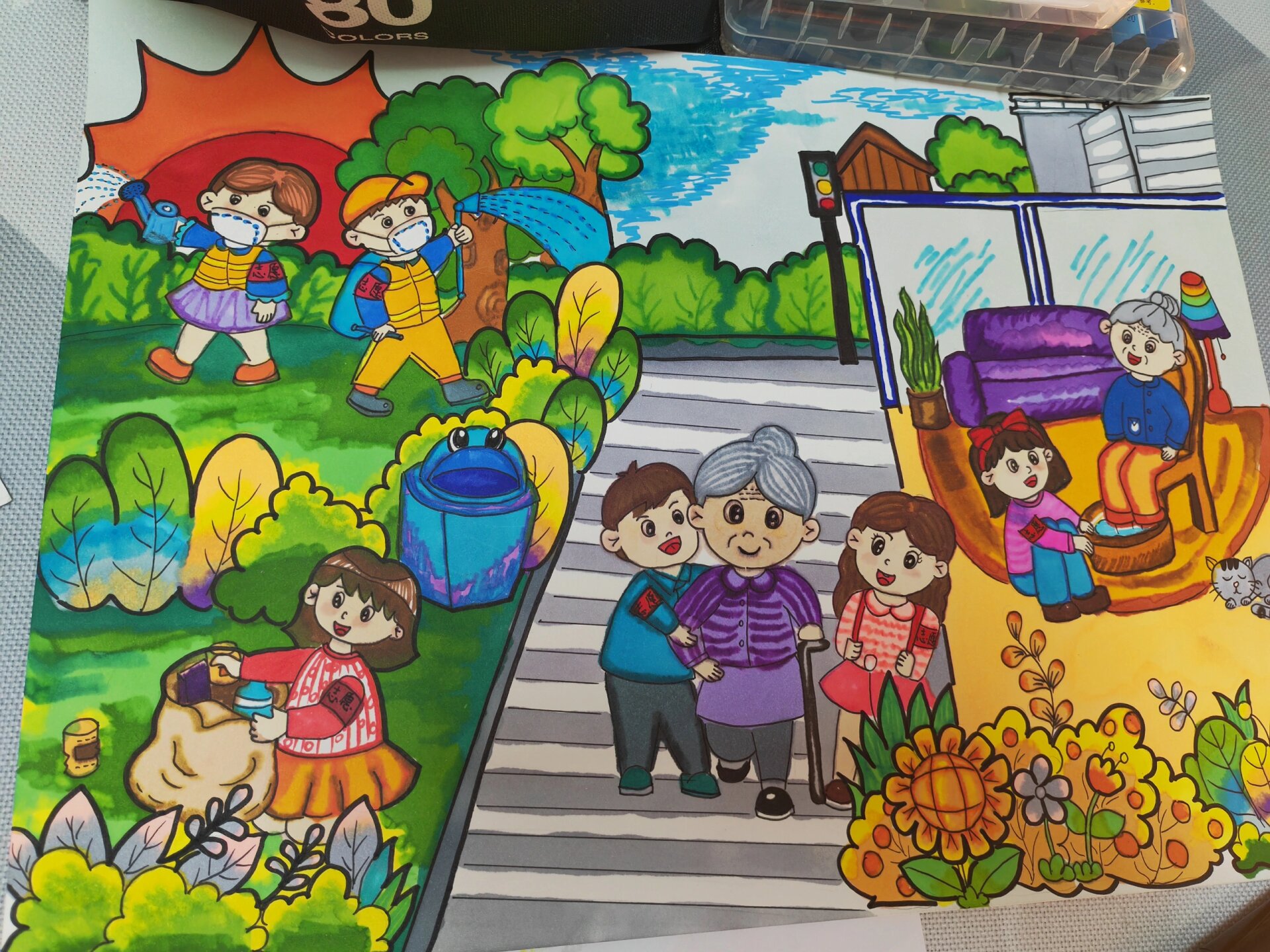 社会志愿服务主题绘画,文明城市绘画作品