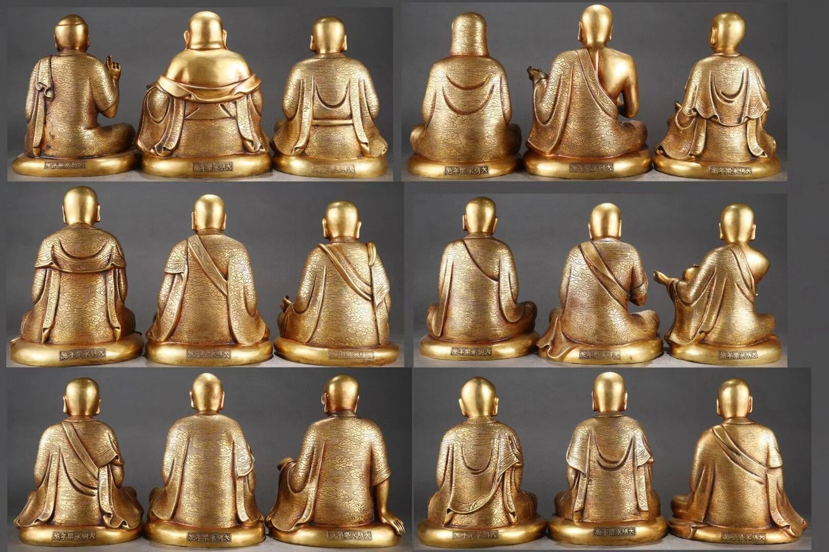 明 精铸铜胎鎏金十八罗汉坐像 一套【规格】 明 精铸铜胎鎏金十八罗汉