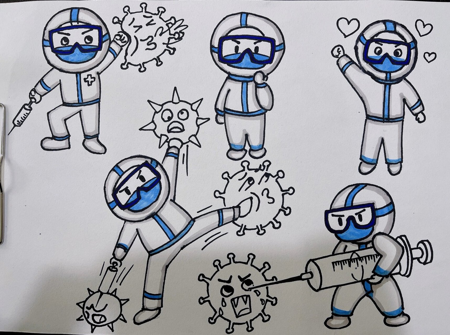 抗疫简笔画 汇总 抗疫～各种大白姿态拿捏起来,干就完了!哈哈哈哈