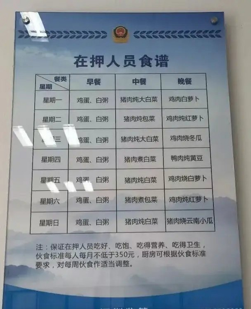 老公因为涉嫌斗殴被拘留了,这是看守所的食谱,不知道他吃的惯吗,也没