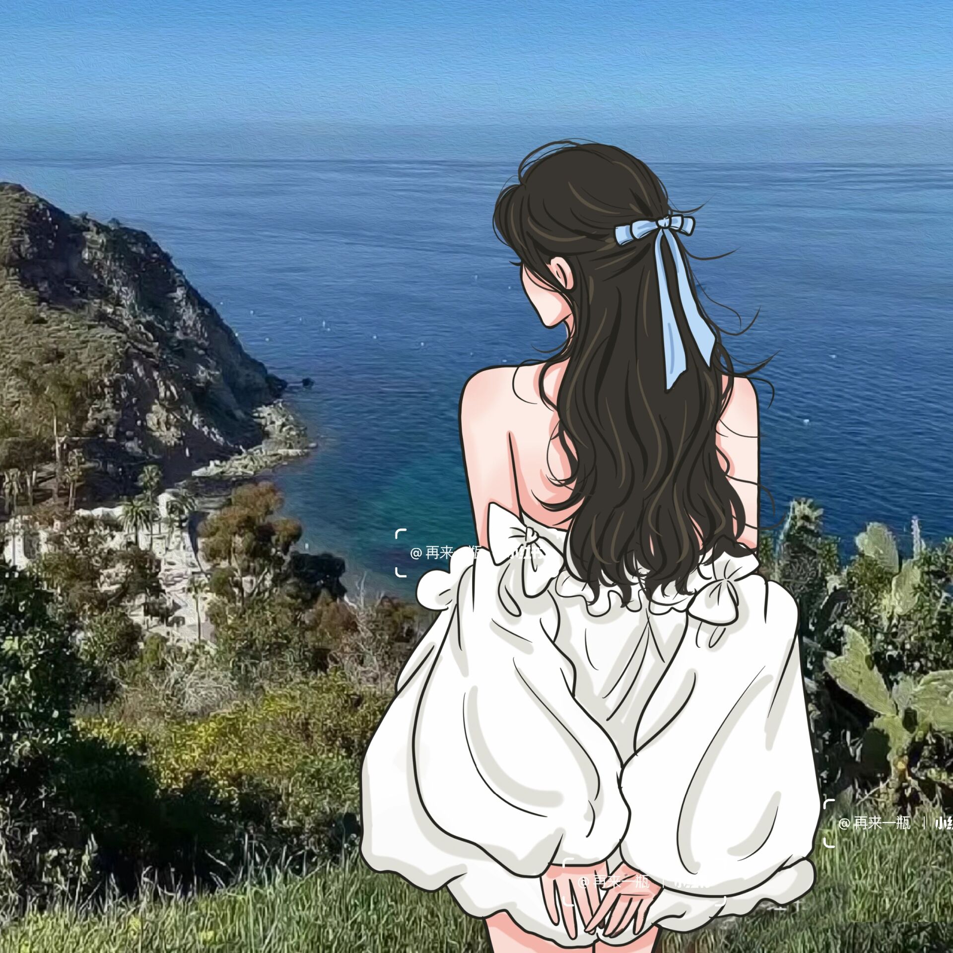 海边女生背影头像 手绘头像
