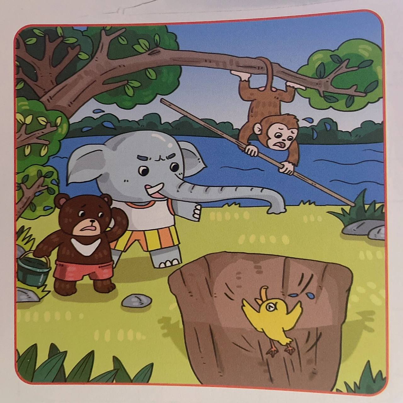 低年级看图写话(小鸭子得救了) 思考:图上都有谁?他们在干什么?